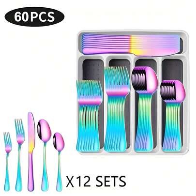 Color 30/60pcs Silverware Sets With Organizer,, Service For 6/12 Person,Includes Knives Spoon And Fork Sets For Kitchen Accessories,Stainless Steel Tableware Flatware Sets,Cutlery Sets Eating Utensils Sets
