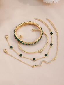 4pcs Luxury Geometric Square Crystal Snake Chain Bracelet Set, Women's Elegant Green Bangle Jewelry Set, Gift