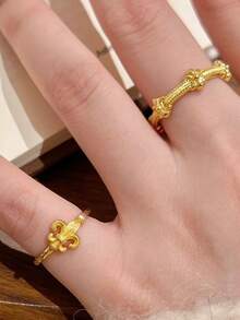 两件套优雅鸢尾花戒指套装，简约铜质镶钻金色开口戒指，适合女性日常、派对、节日、约会、情人节、周年纪念日佩戴，亦可作为珠宝礼物。 - 金色 - 查看 7