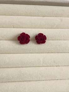 5pcs/Set Fashionable Minimalist Geometric Red Glitter Flower Stud Earrings Set, Chic Style Suitable For Women's Daily Dates And Valentine's Day Gifts - Red - View 5