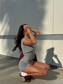 VIBEWAVE 美国坏女孩风格针织开衫和短裤套装 - 灰色 - 查看 4