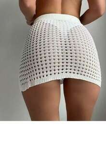 Solid Color Ribbed Hollow Out Drawstring Beach Vacation Skirt White Summer - White - View 4