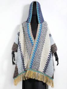 1件女士时尚几何菱形图案流苏波西米亚风连帽斗篷，适合休闲外出、日常穿着、旅行和度假。 - 彩色 - 查看 8