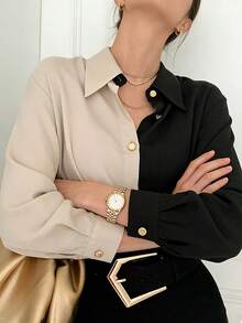 Camisa de mujer Camisa de manga larga de una sola botonadura para mujer, inspirada en la moda vintage chic coreana, con diseño en colores mezclados, ideal para el otoño. Camisa de manga larga de gasa para mujer, elegante y versátil, con diseño en colores mezclados y bloques de color, inspirada en la moda vintage. - Negro - Ver 4