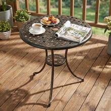 Mesa auxiliar redonda de aluminio fundido para exterior de 23,6'' con orificio para sombrilla de 2'', mesa de bistró, mesas auxiliares para patio, terraza, jardín, porche y piscina, color bronce. - Granate - Ver 1