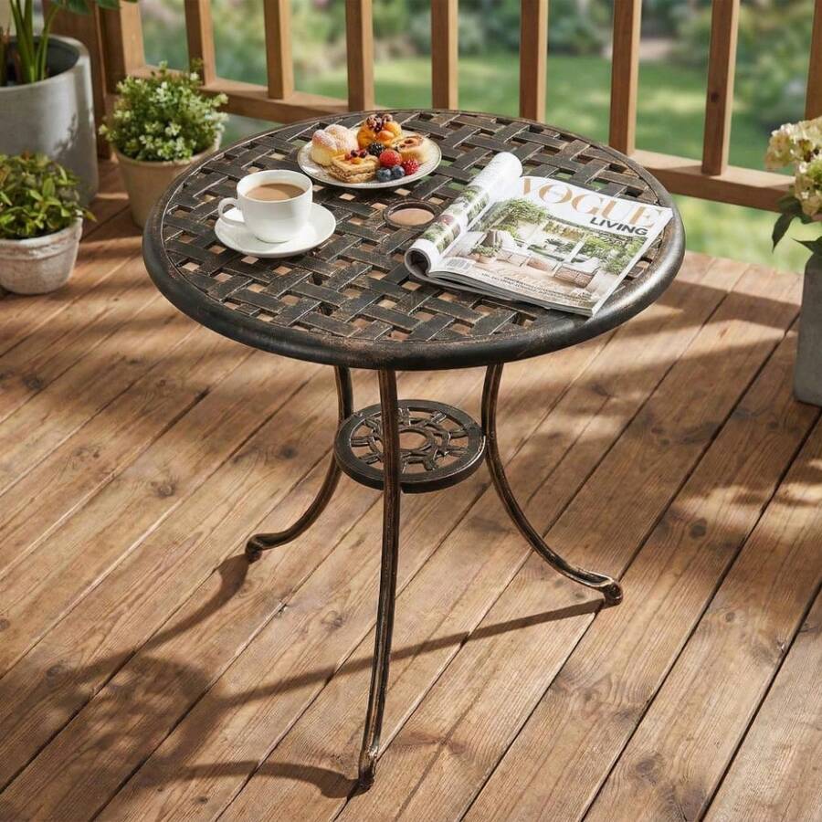 Mesa auxiliar redonda de aluminio fundido para exterior de 23,6'' con orificio para sombrilla de 2'', mesa de bistró, mesas auxiliares para patio, terraza, jardín, porche y piscina, color bronce. - Granate - Ver 1