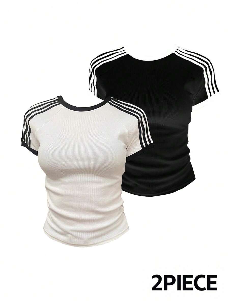 4-Stripe 女式学生黑色简约街头风休闲通勤个性化 Y2K 修身性感圆领短袖 T 恤，春夏款 - 彩色 - 查看 1