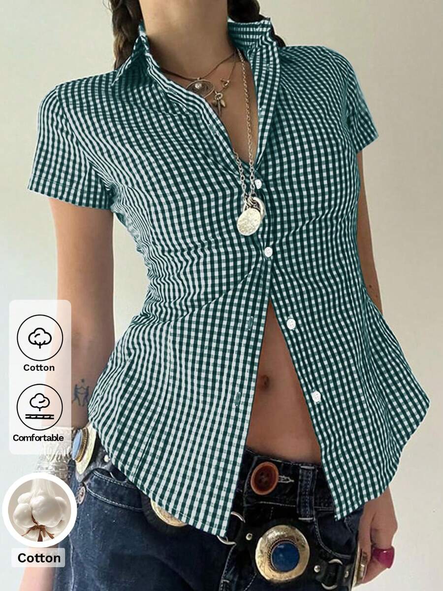 阳光少女风夏季女装，Y2K返校必备单品，包含1件纯棉修身翻领短袖纽扣设计绿色格子学院风衬衫 - 綠色 - 查看 1