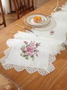 Taplak Meja Polos dari Poliester Linen dengan Bordir Bunga Mawar Merah Muda, Pinggiran Renda Rajutan Bergelombang Berbentuk Kipas Empat Sisi, Dekorasi Botani Vintage untuk Meja Makan, Meja Teh, Pernikahan, Rumah Pertanian, Dapur - MultiWarna - View 17