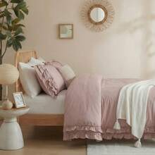 Pink Cotton Ruffled Comforter Set Queen, Vintage Shabby Chic Farmhouse Bedding Set Coquette Aesthetic French Country Comforter - Red Bean Paste Powder - View 8