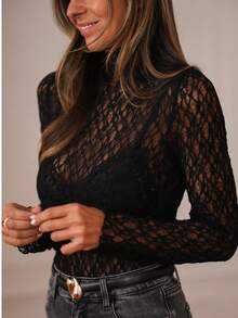 Women's Sheer Lace Long Sleeve Blouse, Elegant Casual Suitable For Daily, Date, Office Wear, Women's Lace Blouse, Women's Elegant Top, Women's Summer & Spring Top Black - Black - View 2