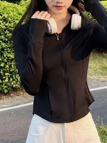 Chaqueta ligera de seda helada para mujer con protección solar para el verano Chaqueta de yoga para exteriores con protección UV Chaqueta transpirable con capucha y corte ajustado Prenda con protección solar - Negro - Ver 4