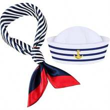 2pcs/1 Set White Sailor Cap, Unisex Navy Blue Striped Sailor Captain Hat, Adult Costume Accessory - Multicolor - View 3