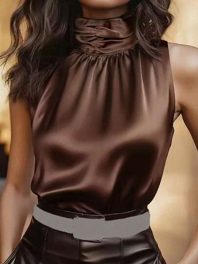 女士春夏服装，女士上衣，纯色高领女士上衣，优雅休闲女士背心，时尚夏季，度假装，约会及日常穿着，光泽面料