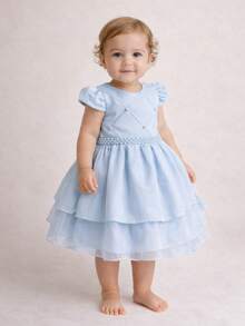 Vestido Bebezinha Festa Infantil Menina Criança Com Pérolas Lindo Bebê Luxo Criança Aniversário Casamento Moderno Rodado - Azul bebê - Visão 9