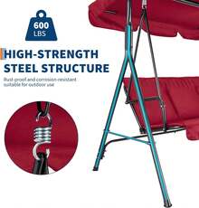 Columpio de exterior con toldo ajustable para adultos, banco de 3 plazas con cojines gruesos, estructura de acero, para jardín, color rojo - Rojo - Ver 5