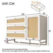 White Rattan Chest Of Drawers With Gold Handles, Country Style, With 3 Drawers And 1 Door, Height-Adjustable Shelves And Anti-Tip Device, 120x85x40 Cm (W/H/D)