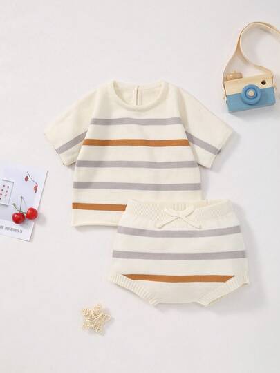 Baby Girls' Casual Striped Patchwork Round Neck Knit T-Shirt + Matching Bow Decor Knit Shorts, Comfortable & Minimalist, Suitable For Outdoor Activities Or Everyday Casual Wear, Summer