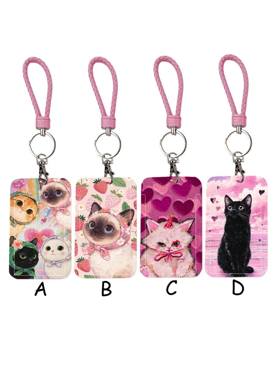 1pc ABS Pink Multi-Cat Pattern Fashion Personalized Cartoon Pull-Push Card Holder Keychain Bag Pendant, Student Wristband Card Holder, Ladies Wristband Card Holder, ID Bus Protection Case, Student Campus Card Protection Case - Multicolor - View 1
