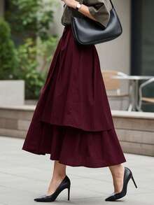 French Fashion Women's New Vacation Style Unique Asymmetric Skirt, Loose Korean Style A-Line High Waist Pleated Skirt, Elegant Skirt - Burgundy - View 5
