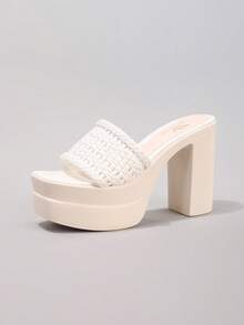 女款時尚厚底高跟涼鞋 開趾方頭粗跟拖鞋 派對鞋 - 白色 - 查看 14