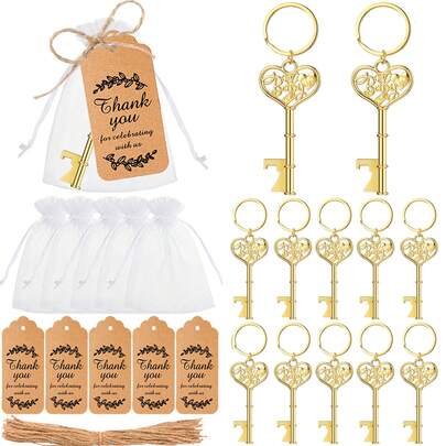 10pcs/Set Key Bottle Opener, Comes With Sand Bag, Jute Rope, Thank You Card, Suitable For Wedding, Birthday Party, Gift Giving, Valentine's Day, Kitchen & Bar Supplies, Party Favors