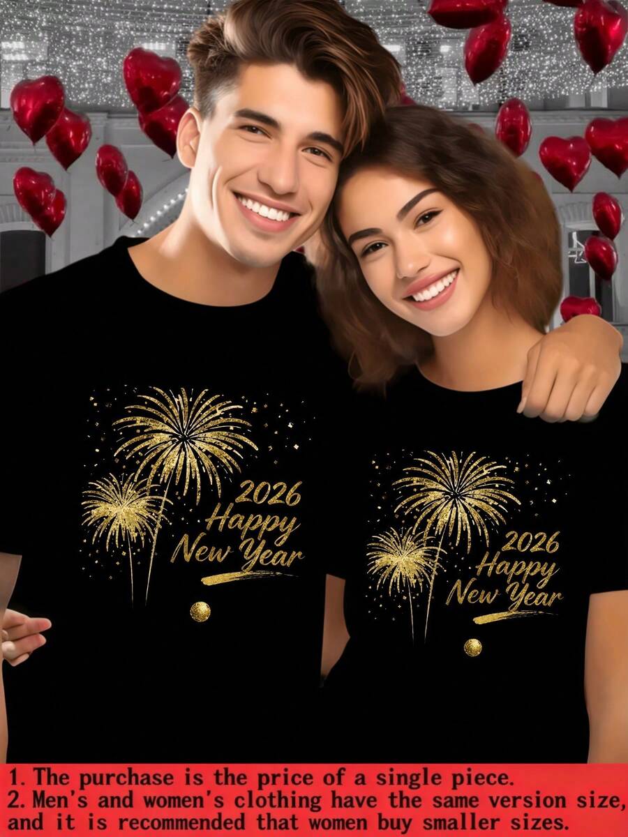 Fuegos artificiales dorados que iluminan el comienzo del año nuevo 2026 simbolizando la esperanza y el amor compartido entre parejas camiseta de mujer blanca pareja romántica 100% algodón 220g - Negro - Ver 1