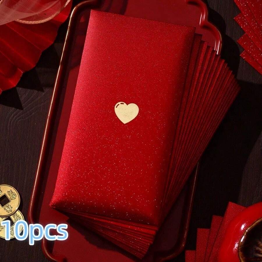 10张心形设计贺卡和现金信封，婚礼请柬和节日红包，中国新年感谢礼品 - 彩色 - 查看 1