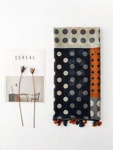 1pc Vintage French Polka Dot Patchwork Contrast Color Women's Scarf, Soft , Fashionable Lightweight Fringed Shawl, Suitable For Beach, Vacation, Travel