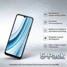 5pcs For:Xiao M,I,Redmi,Hua Wei,Honor,IQOO,Vivo Mobile Phone Screen Protector,Tempered Glass,Phone Screen Protector