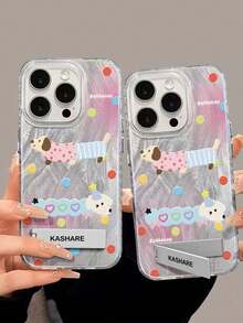 1pc Silver Feather Tulle Cute Cartoon Dachshund Design Phone Case With 3D Metal Stand, Compatible With IPhone 11/12/13/14/15/16/17/Pro Max - Silver - View 4