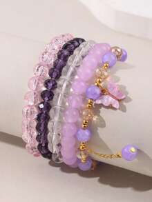 5pcs Women's Bohemian Bracelets, Multi-Layer Colorful Beaded Bracelets & Butterfly Bracelets - 5-piece Purple Five-piece Set - View 2