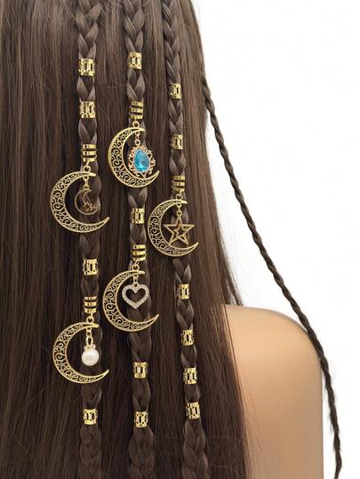 25 piezas Juego de anillos de dreadlocks, encantos de luna, estrella, corazón y perla, accesorios de cabello estilo barroco para trenzas y locs
