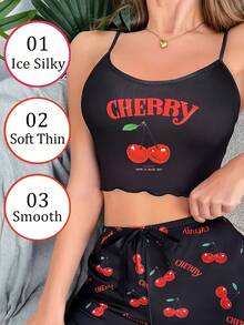 女士舒适樱桃印花睡衣上衣 - 黑色 - 查看 5