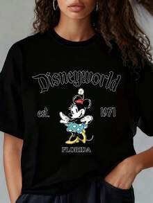 Disneyworld Est 1971 Mouse Florida Vintage T-Shirt Women's Black Graphic TeeDisney Theme Fun Prints, Women's T-Shirts With Round Neck And Short Sleeves, Suitable For Christmas Partiessports Activitiesholiday Partiesoutingssports And Other Holiday Gifts (220g). - 黑色 - 查看 1