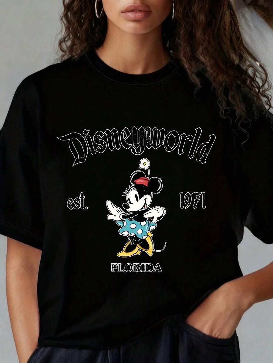 Disneyworld Est 1971 Mouse Florida Vintage T-Shirt Women's Black Graphic TeeDisney Theme Fun Prints, Women's T-Shirts With Round Neck And Short Sleeves, Suitable For Christmas Partiessports Activitiesholiday Partiesoutingssports And Other Holiday Gifts (220g). - 黑色 - 查看 1