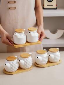 1 Set White Ceramic Kitchen Storage Jars & Spice Rack With Bamboo Tray, Ceramic Spice Jars With Natural Bamboo Lids, Creative Nordic Style Diamond & Wave Pattern, Suitable For Hotel, Restaurant, Home Kitchen Seasoning Bottles, Oil, Vinegar, Spices - White - View 3