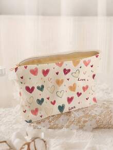 心形化妆包 - 心形印花图案，涤纶拉链袋，旅行洗漱包，轻便拉链袋，爱美人士的理想之选，送给姐妹、学生和成年人的完美礼物，随机印花化妆包化妆品收纳袋 - 彩色 - 查看 3
