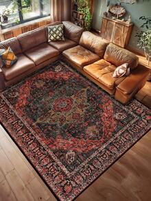 1pc Vintage Distressed Style Rug, Red Bohemian Moroccan Polyester Fiber Comfortable, Rectangular Easy Care Washable Area Carpet For Living Room, Hallway, Bedside, Home Decor