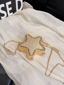 1个新款迷你金属小包，电镀银色零钱包，闪亮前卫金属五角星手提包，星形链条斜挎包，不对称手提包，配件包，优雅零钱包，耳机盒，婚礼 - 金色 - 查看 3