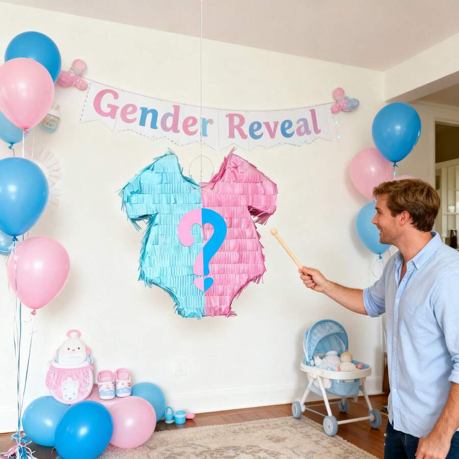 Set de 5 piñatas para revelación de género, piñata temática para fiesta de revelación de género, decoración de fiesta, decoración divertida de piñata, utilería fotográfica, adecuada para diversas fiestas, incluye palo, venda para los ojos, confeti azul y rosa - Rosa - Ver 1