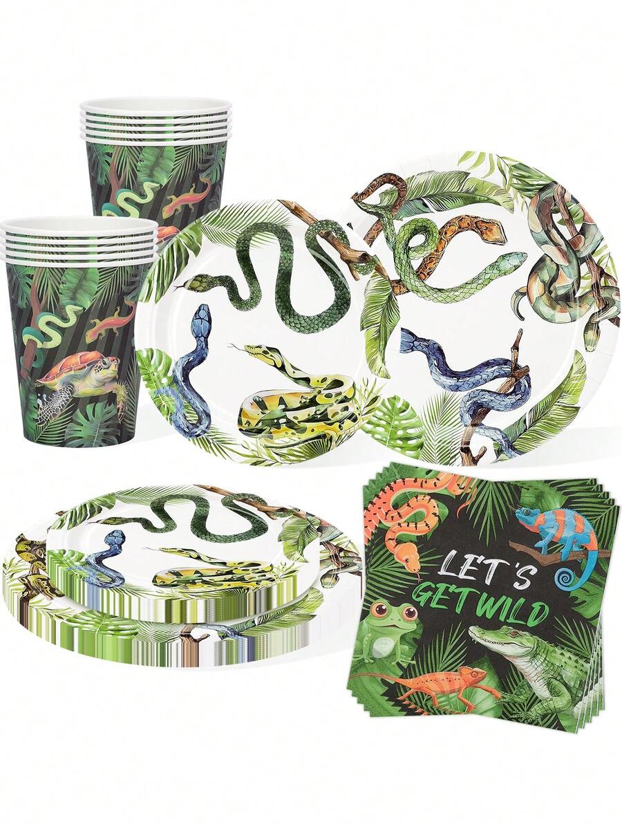 Bộ đồ trang trí tiệc chủ đề rắn (10 món/50 món/80 món), đồ dùng sinh nhật chủ đề bò sát, đĩa giấy, cốc, khăn ăn, bộ đồ ăn cho bữa tiệc sinh nhật chủ đề rắn, rừng rậm, đầm lầy, cắm trại, hoang dã. - Nhiều màu - Xem 1