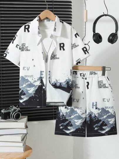 Boys' Casual Lightweight Fashionable Letter & Landscape Print Short Sleeve Shirt And Shorts Set, Spring/Summer