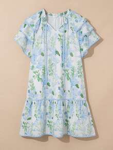Women's Floral & Striped Print Ruffle Hem Cap Sleeve Vacation Dress, Summer Elegant - Baby Blue - View 6