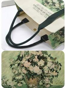 Vintage Floral Print Tote Bag, White Rose Flower Handbag, Foldable Large Capacity Thick Mommy/Student Bag, Casual Travel Beach Bag, Storage Pouch, Student Backpack, Suitable For Daily Use, Commuting, Shopping, Business Travel, Also Can Be Used As Back To School Backpack, Pencil Case Or Shopping Bag. - Multicolor - View 3