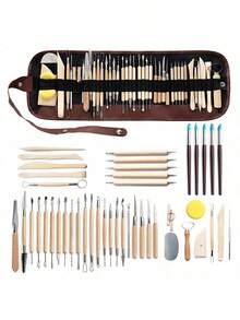 43件套陶艺工具套装，包括陶土雕塑刀、雕刻硅胶刷、细节针、腰包、7根针 - 陶泥工具 - 查看 3