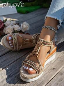 WRCVS Beige Women's Sandals, Strap Shoes, Summer Platform Thick Bottom Sandals, Rope Bottom Fashionable Holiday Sandals, Handmade Beaded Sandals, Random Woven Pattern Bohemian Style Wedge Sandals - Beige - View 2