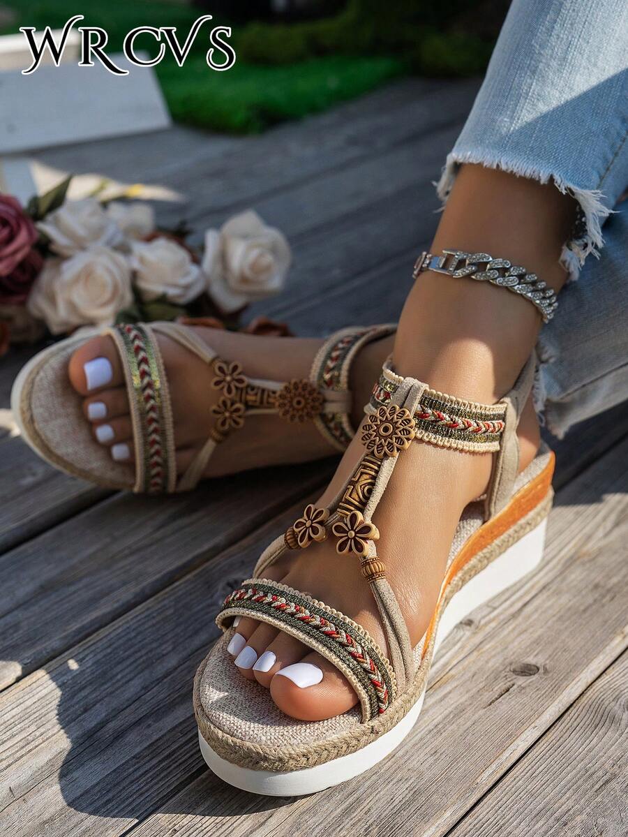 WRCVS Beige Women's Sandals, Strap Shoes, Summer Platform Thick Bottom Sandals, Rope Bottom Fashionable Holiday Sandals, Handmade Beaded Sandals, Random Woven Pattern Bohemian Style Wedge Sandals