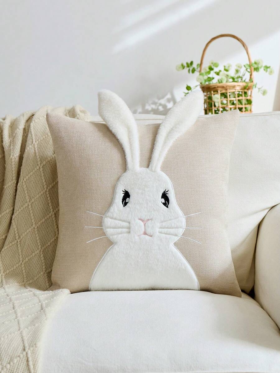 1件复活节米色兔子刺绣抱枕套，3D兔耳装饰靠垫套，适合室内装饰，春夏枕套，不含枕芯