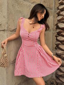 abyoxi Women's Red & White Plaid Camisole Heart Neck Waist Cinched A-Line Ruffle Hem Mini Dress, Casual Sweet Retro Date Daily Outing Holiday Spring/Summer Mini Dress - Red - View 5